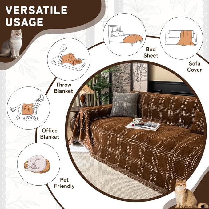 HANDONTIME Plaid Sofa Cover for 3 Cushion Couch, Washable Checkered Couch Slipcover White Geometric Dog Couch Cover Blanket Pet-Friendly Chenille Furniture Protector Sofa Covers(Dark Brown, 71"x118")