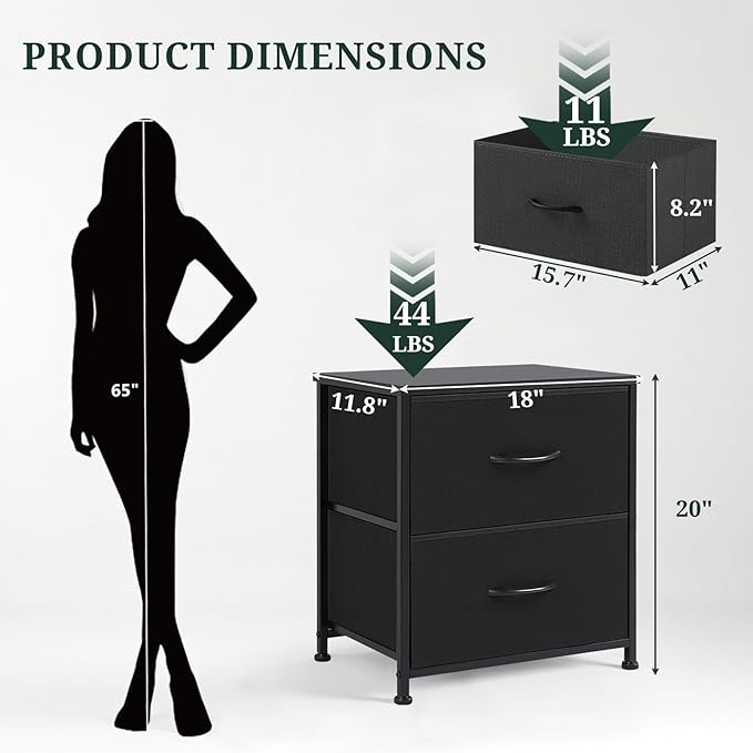 Nightstand Set of 2, Small 2 Drawer Dresser End Table Bedside Furniture, Wooden Top Fabric Bins for Bedroom, Closet, Entryway, Dorm, 11.8" D x 18" W x 20", Black