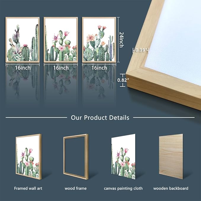TTHYUEWS Wall Art For Living Room Wood Framed Wall Decor For Bedroom Canvas Framed Prints Art Green Succulent Cactus Wall Paintings Leaves Pictures Artwork Office Wall Art Kitchen Home Decoration