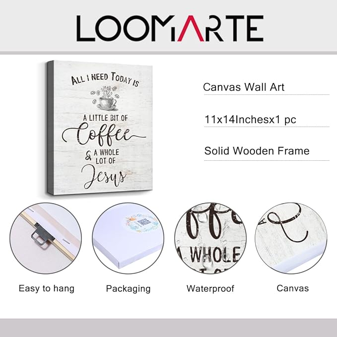 Inspirational Christian Coffee Sign Farmhouse Kitchen Decor All I Need Today is A Little Bit of Coffee & A Whole Lot of Jesus Quotes Canvas Wall Art for Home Office Cafe Bar Counter Decor 11x14 Inch
