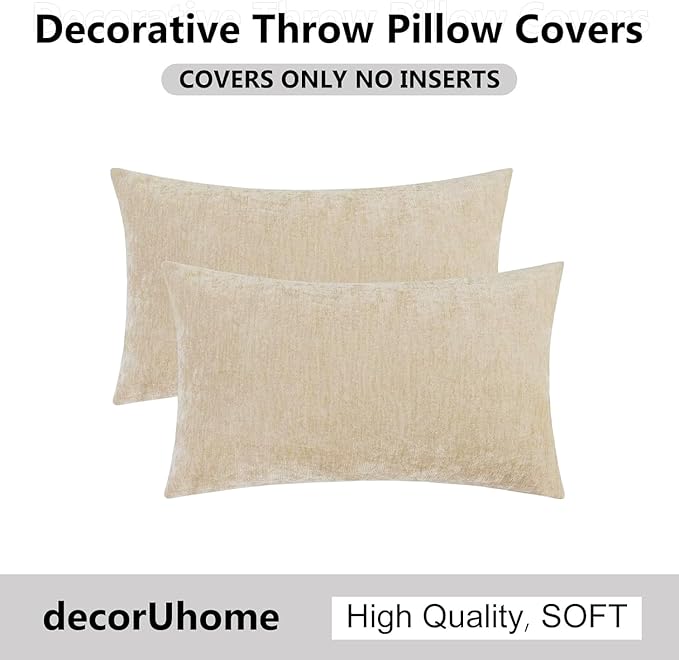 decorUhome Chenille Beige Throw Pillow Covers 12x20 Inch Set of 2, Decorative Soft Couch Pillow Covers Solid Dyed Accent Farmhouse Neutral Rectangle Pillow Cases for Sofa