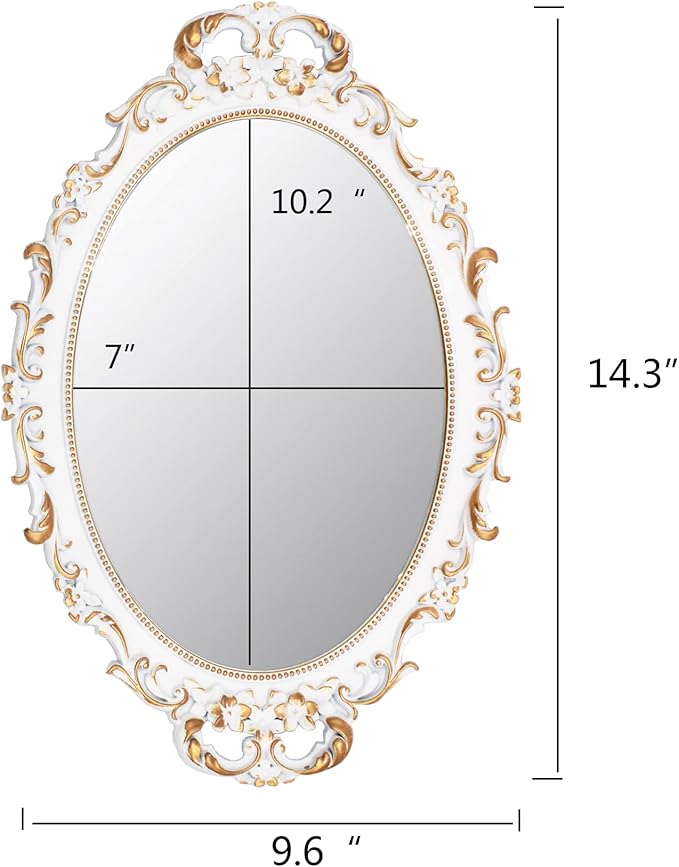 2 Pack - Vintage Decorative White Framed Mirror, Wall Hanging Mirrors & Tabletop Tray for Bedroom Living Room Dresser Decor, Oval- 9.6" W x 14.3" L (WHITE-2PACK)