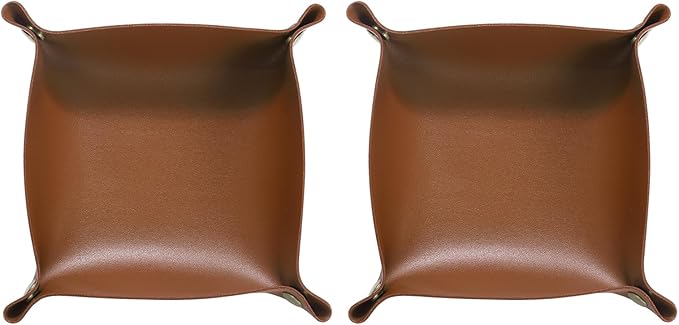 HARFINGTON 2pcs PU Leather Valet Tray Unisex Folding Small Catchall Tray Portable Entryway Table Tray Nightstand Bedside Desk Tray for Key Wallet Watch Coin Jewelry Dice, Brown