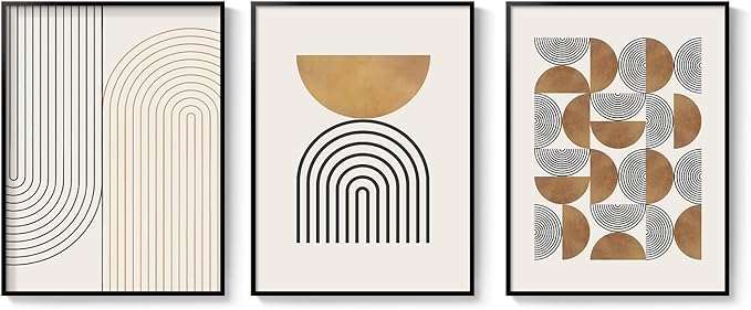 Framed Boho Wall Art for Bedroom, 3 Piece Modern Geometric Canvas Artwork for Walls, Neutral Minimalist Picture Prints for Living Room Dining Room Kitchen Hallway Wall Decor, 12x16 Inch