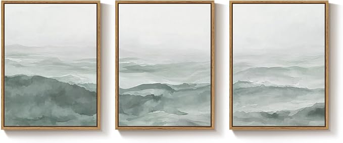 Framed Abstract Landscape Pastel Green Room Wall Decor, 3 Piece Modern Minimalist White Misty Mountain Wall Art for Living Room, Painting Print Canvas Artwork for Bedroom Home Office Walls, 12x16 Inch