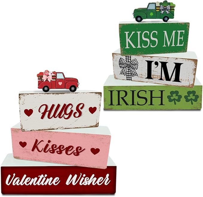 4 Pcs Valentine's Day Decorations Reversible St. Patrick's Day Table Sign Centerpiece Wooden Truck Desk Decor Double Side Irish Tiered Tray Decor for Table Shelf Mantel Farmhouse Home Decor