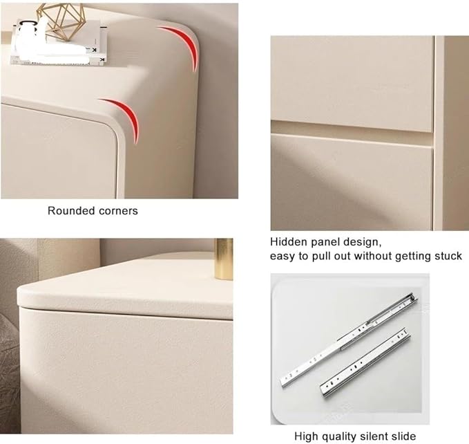Modern Bedside Table, Solid Wood, Cream Leather Top, Luxury Night Stand with 2 Drawers (Light Gray, Left)