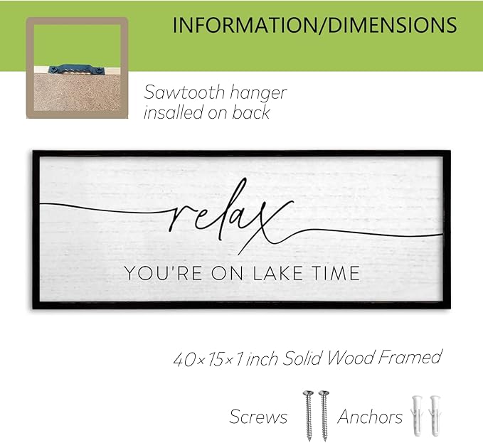 TQianJiang Relax You're On Lake Time Wall Decor 40"×15" Lakeside Quote Sign Lake House Decor for Living Room Bedroom Large Rustic Wooden Framed Wall Hanging Art (Black)