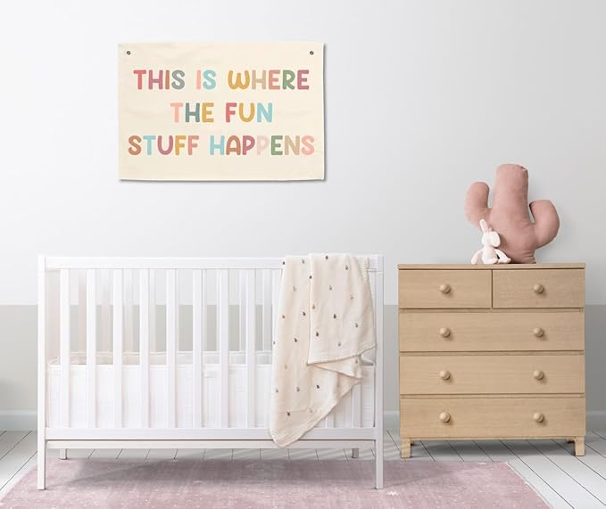 Girls Bedroom Hanging Banners Playroom Decor Boho Classroom Banner Kids Toddler Nursery Sign This Is Where The Fun Stuff Happens Play Room Signs Tapestry Wall Art