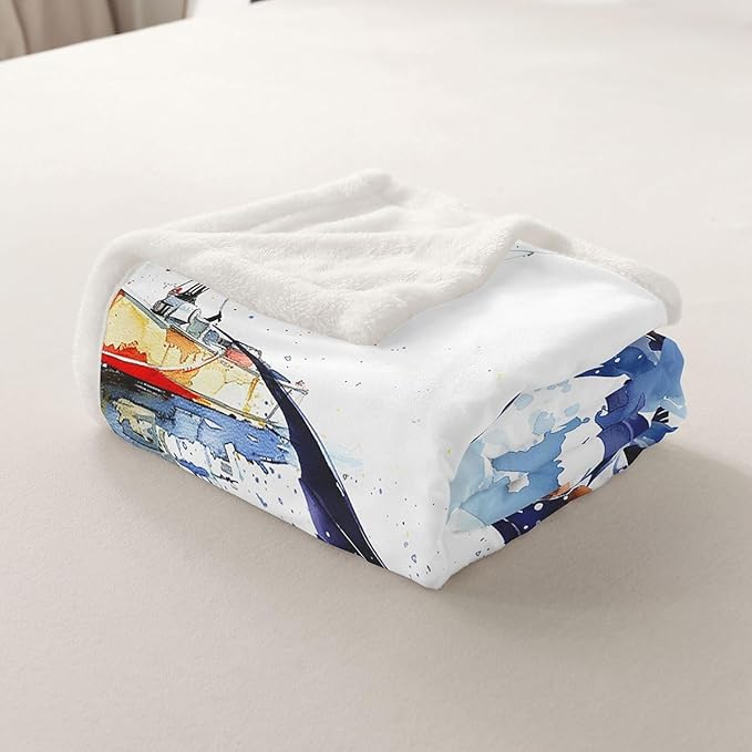 Erosebridal Marlin Swordfish Throw - Tie Dye Fleece Nautical Compass Sherpa Blanket - Fishing Theme Fuzzy - 40"x50" Blue Brown White