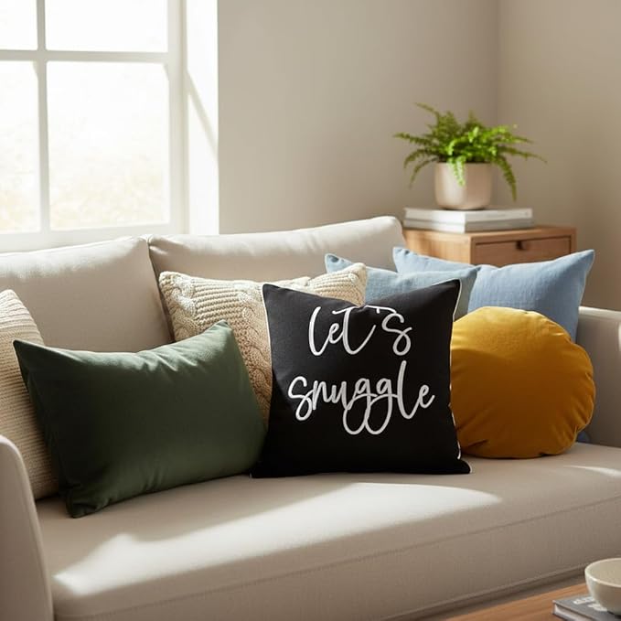 Sunkifover Let's Snuggle Decorative Throw Pillow Cover - 18" x 18" Black and White Cotton Embroidery Suqare Throw Pillowcase for Bed, Bedroom, Living Room, Home Decor