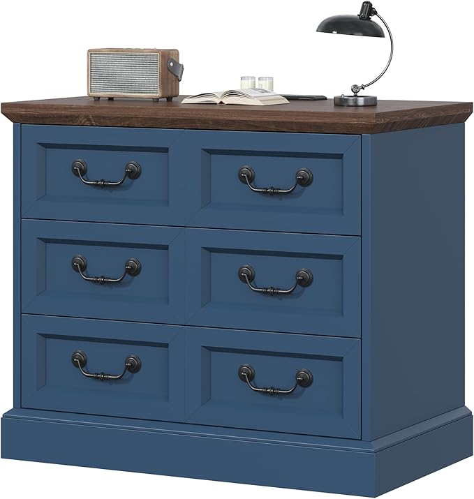 Farmhouse Night Stand with Charging Station, 27.6" Wider Blue Wood Nightstand with 3 Drawers Dividers Storage, Larger Bedside Table, Side Table End Table for Bedroom, Living Room, Sofa