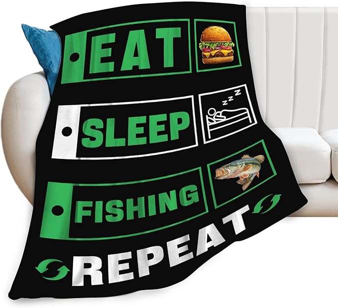 Fishing Blanket for Girls Women Boys Men Adults Kids Soft Cozy Fleece Eat Sleep Fish Hamburger Throw Blankets Fisherman Gifts Warm Flannel Plush Lightweight Decor for Couch Bed Sofa 50"X40"