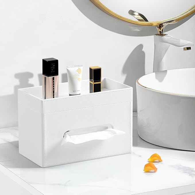 Plus Size Tissue Box Cover Rectangle, PU Leather Tissue Box Holder with Storage Tray, Decorative Organizer Tissue Holder for Bathroom, Bedroom Dresser, Night Stand, Office (Cream-White)