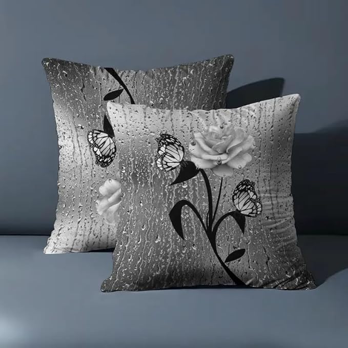 2pcs Elegant Decorative Throw Pillow Cover with Butterfly and Rose Design, Black and White Raindrop Pattern, Square Shape，18x18 Pillows Linen Pillowcase