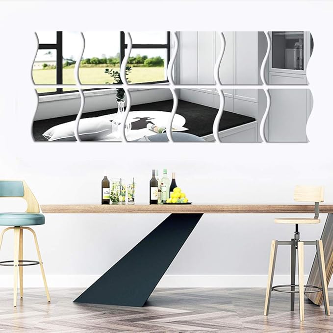 12PCS Wavy Mirror Wall Stickers, Full Length 3D Art DIY Home Decorative Acrylic Sheet Plastic Tiles for Living Room Bedroom Sofa TV Setting Wall Decoration Decor