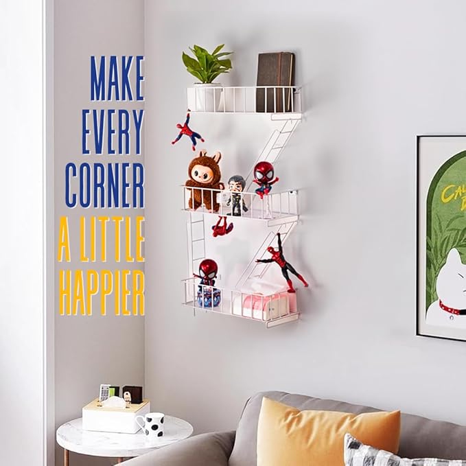 Fire Escape Wall Shelf – New York Decorative Floating Shelf – Wall Art Ladder Shelf – White Metal Trinket Shelves for Bedroom, Living Room, Home, Storage and Display (3-Tier)