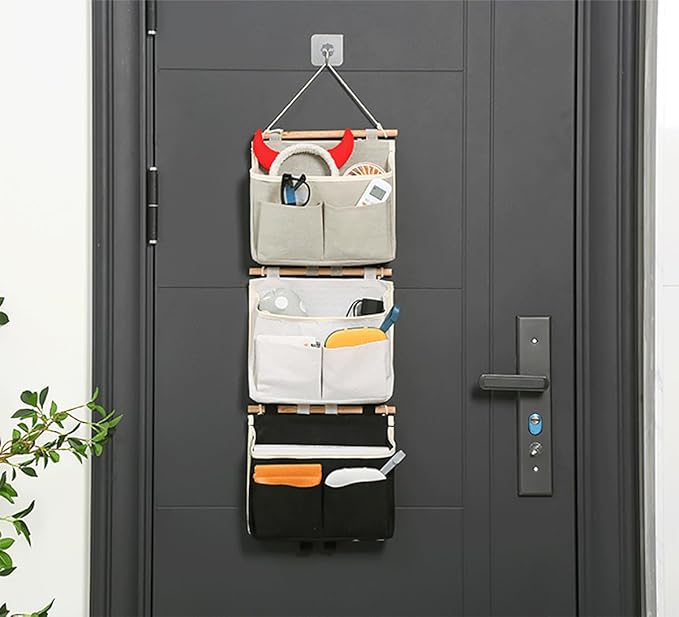 2 Pack Wall Organizer Hanging Basket Wall Storage Bag with Hooks, Linen-Cotton Over The Door Pouch Waterproof Bedside Closet Organizer Bags for Kitchen, Bedroom, Bathroom, Dorm, RV Camper