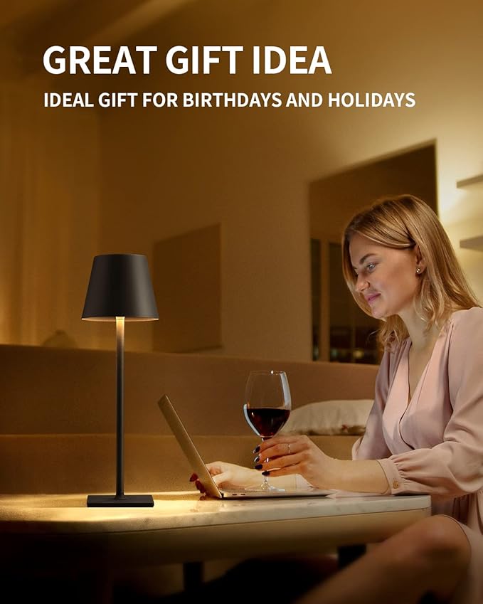 KDG Cordless Table Lamp, Portable LED Desk Lamp, 5000mAh Battery Operated, 3 Color Stepless Dimming Up, for Restaurant/Bedroom/Bars/Outdoor Party/Camping/Coffee Shop Atmosphere Night Light(Black)