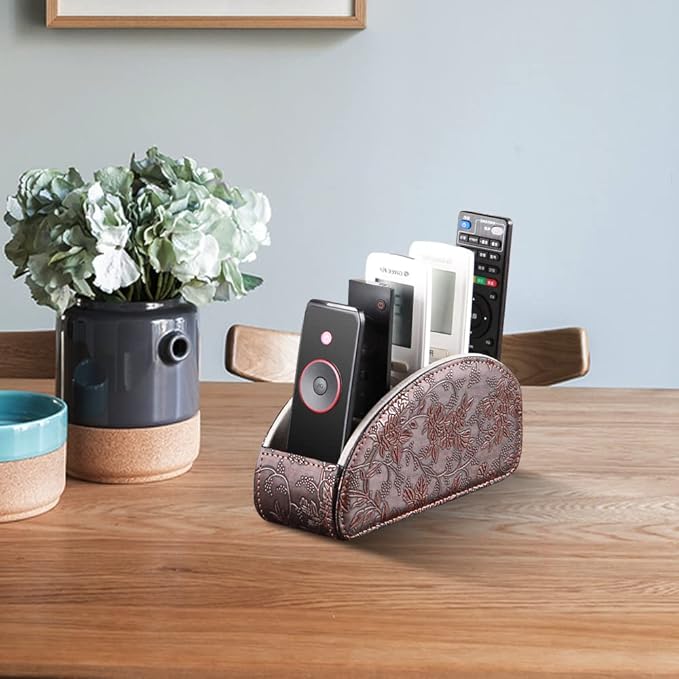 Leather Remote Control Holder,Universal TV Remote Organizer with 5 Compartments,Desktop or Bedside Table Organizer for DVD,Blu-Ray,Gaming and Streaming Remotes,Glasses and Accessories(Antique)