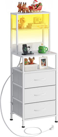 WLIVE Tall White Nightstand with Charging Station, LED Night Stand with 3 Fabric Drawers and Storage Open Shelves, Bedroom Nightstand Table, Bed Side Table for Living Room