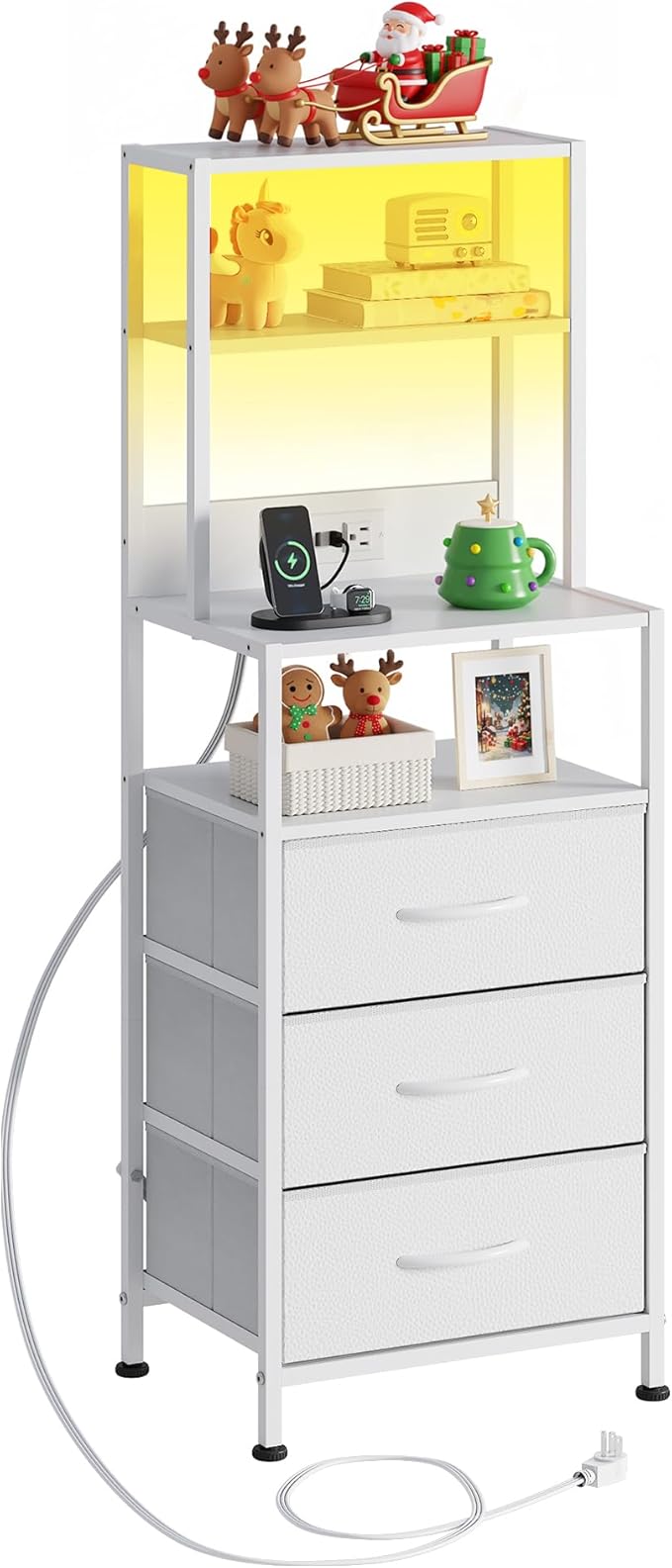 WLIVE Tall White Nightstand with Charging Station, LED Night Stand with 3 Fabric Drawers and Storage Open Shelves, Bedroom Nightstand Table, Bed Side Table for Living Room