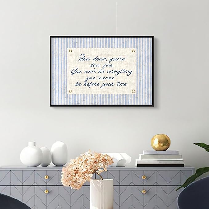 Slow Down You're Doing Fine Canvas Wall Art, Navy Blue Stripes Positive Quote Poster, Daily Affirmations Wall Decor for Bedroom Dorm, Modern Office Inspiring Typography Print 16x24in Framed