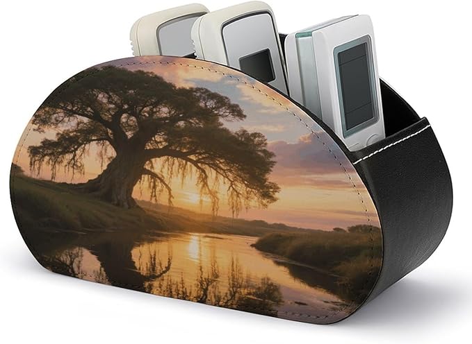Big Trees in Sunset Remote Control Holder Organizer Box with 5 Compartment PU Leather Bedside Storage Caddy Remote Organizer for Controller Media Player Pen/Pencil Storage