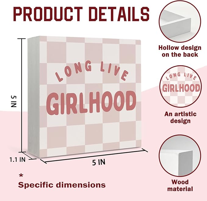 Lacama Girls Room Wooden Box Sign, Long Live Girlhood Decorations Wood Block Signs, Retro Pink Checkered Wood Sign for Toddler Girls Nursery Room Bedroom Desk Shelf Wall Decor 5x5 Inches