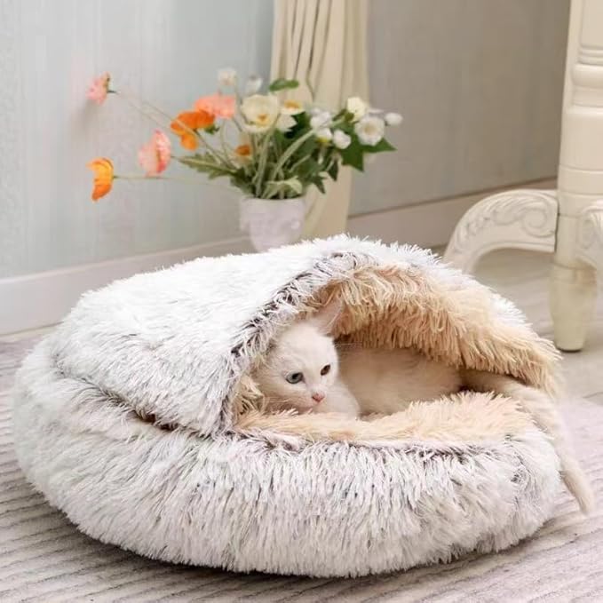 Cat Bed Round Fluffy Hooded Cat Bed Cave, Anti-Anxiety Cave Bed with Hooded Blanket, Cozy Cuddler Luxury Puppy Pet Bed, Anti-Slip Bottom and Machine Washable (Khaki, Large)