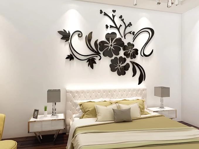 Wall Stickers 3D Flower Mirror - Family Decal Living Room Wall Decor Sticker Home Decorations Room Decor for Office Sofa Bedroom Decals (Black XXL:84 * 112in)