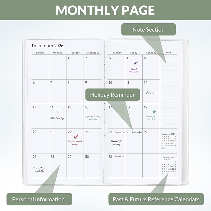 Pocket Calendar 2026-2027, Pocket Planner 2026-3.7" x 6.7" - Runs from January 2026 Until December 2027, Monthly Planner 2026-2027 with PVC Cover for Planning, Green