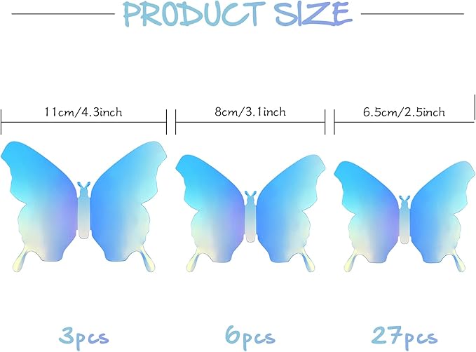 BBTO 48 Pieces Butterfly Wall Decor DIY 3D Mirror Butterfly Stickers Removable Decals Crafts for Birthday Party Bedroom School Bathroom Living Room Decor(Blue)