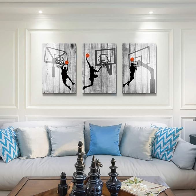 Black and white Canvas Wall Art for living room bathroom and bedroom kitchen wall decor artwork Canvas Prints play basketball sport painting 16" x 24"3 Piece Modern framed office Home decorations
