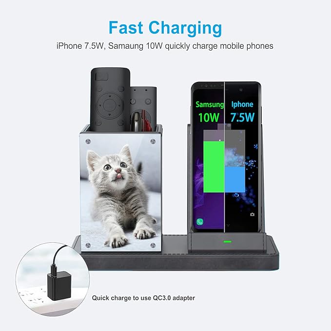 KINGFOM PU Leather Desk Organizer Pen Pencil Holder with Wireless Charger Stand, 10W Fast Wireless-Charging for iPhone 11, 11 Pro, 11 Pro Max, XR, Xs Max, XS, X, 8, 8 Plus(Gray)
