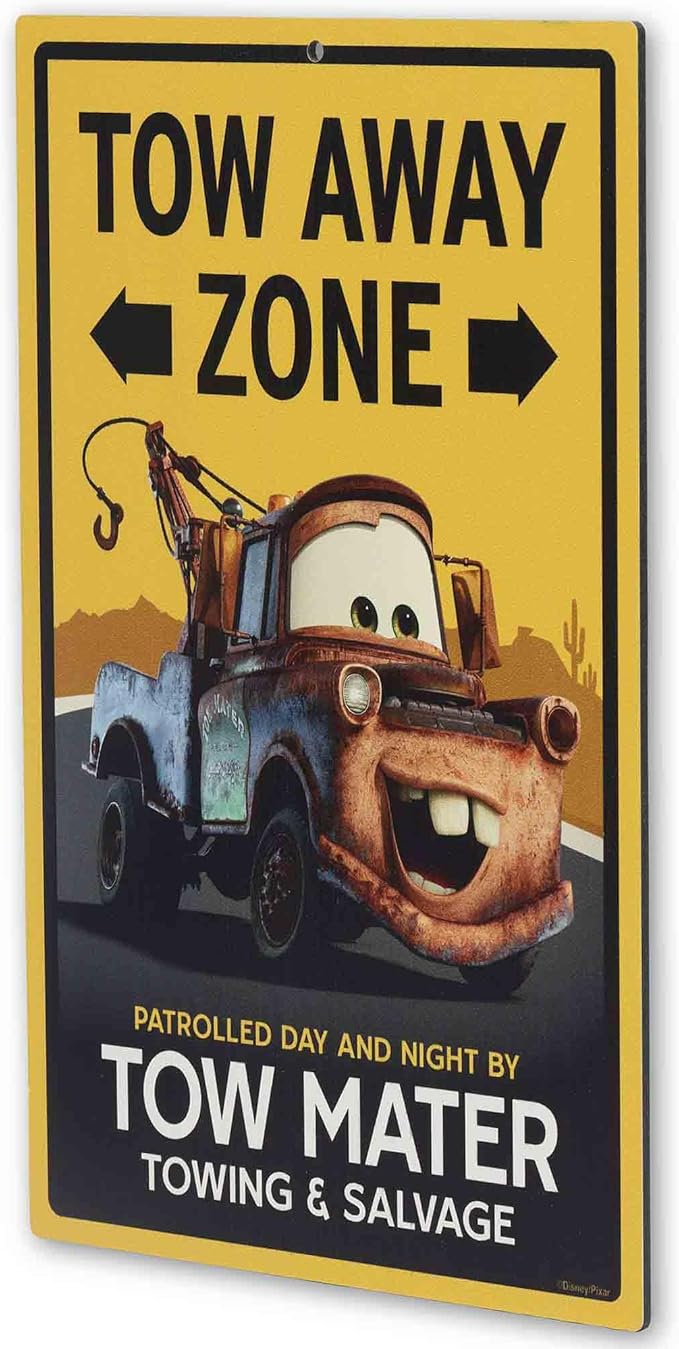 Disney Pixar Cars Tow Mater Tow Away Zone Metal Wall Decor - Fun Cars Sign for Kids' Bedroom or Garage