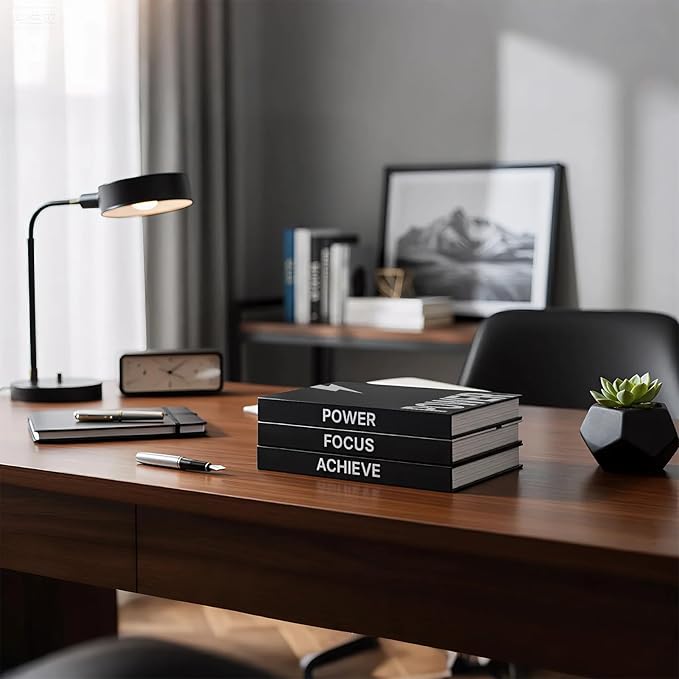 Gifts for Men, Dad, Boss - Motivational Office Desk Decor & Accessories - Black Faux Book Box for Hidden Storage of Cash & Photos - Modern Bookshelf Display (Set of 3, Achieve Focus Power)