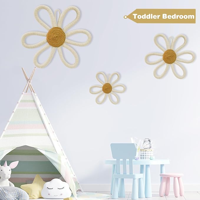 6 Pcs Boho Nursery Daisy Wall Decor, Woven Flowers Wall Hanging Art, Beige Boho Floral Room Decor with Lanyard for Office, Toddler Baby Little Girls Kids Home Bedroom Above Bed Decorations (Beige)