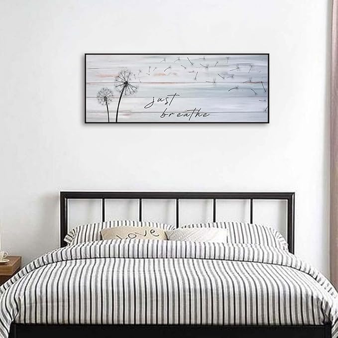 Modern Farmhouse Wall Decor - Just Breathe Dandelion Canvas Prints Wall Art Above Bed Wall Decor Bedroom Decor Wall Farmhouse Decor Vintage Decor Bedroom Bathroom Office(Black Wooden Frame) 46x19inch