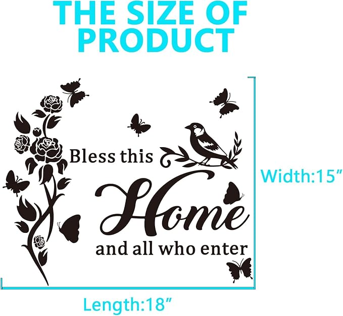 Family Wall Stickers for Living Room: Inspirational Home Quotes Vinyl Art Wall Decals for Kitchen Dining Room Bedroom Bathroom Apartment - Bless This Home and All Who Enter 18" X 15"