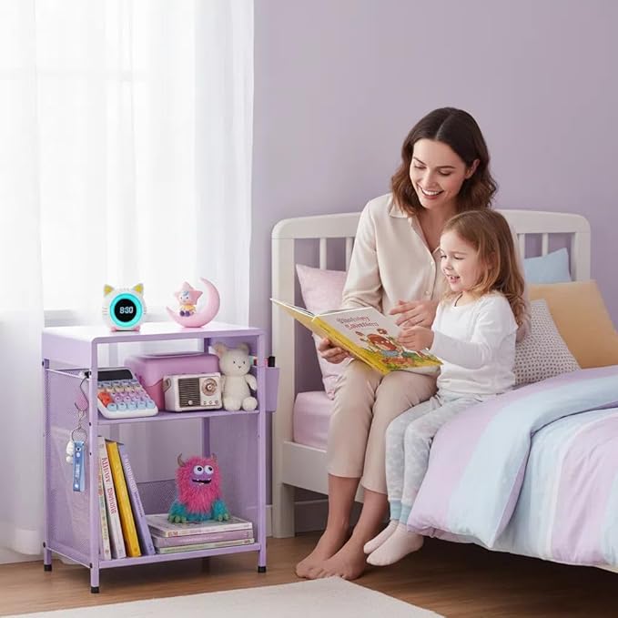 Kids Nightstand, 3-Tier Metal Side Table with Adjustable Storage Shelf, Basket & 3 S-Hooks, Small Bedside Table for Nursery, Toddler Bedroom and Small Spaces (Purple)