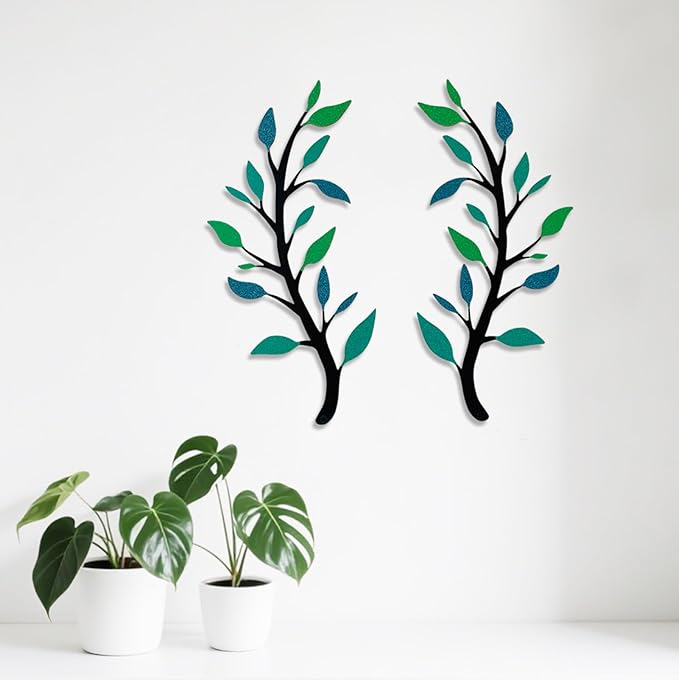 Yuzhuo 2 Pieces Metal Tree Leaf Wall Décor Branch Leaf Wall Art for Indoor Outdoor Garden Home Bedroom Living Room Decorations Iron Scroll Sculptures Above the Bed(Dark Green, S)