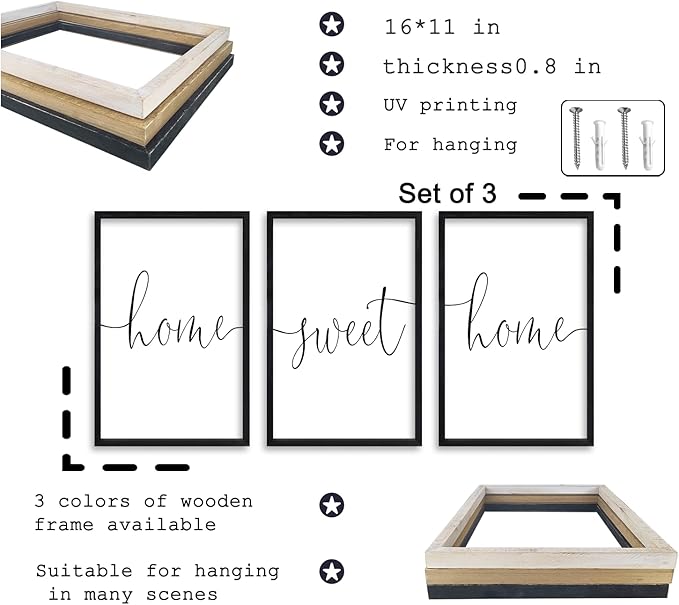 RLWangChao Home Sweet Home Sign Set of 3 Wall Art Decor 16"X11" Vintage Bedroom Above Bed Minimalist Modren Living Room Wooden Framed Warm And Cozy Family Wall Hanging Decoration (Black)