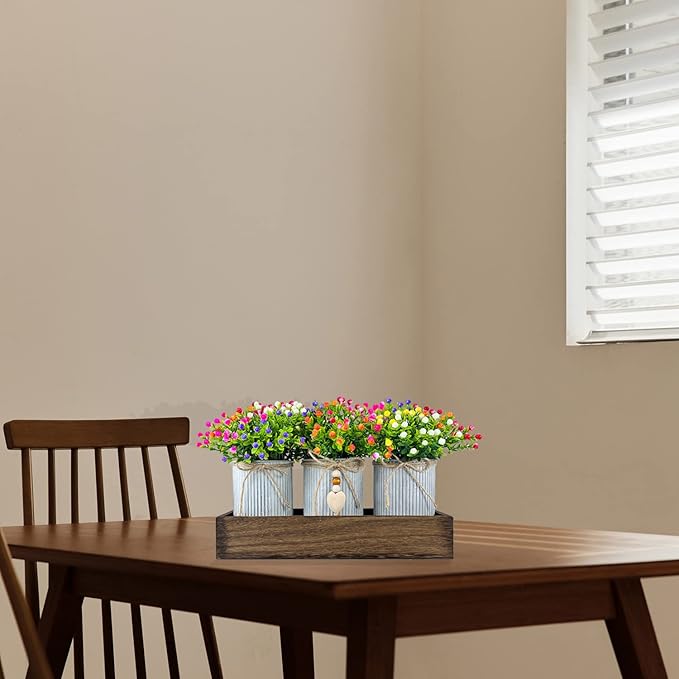Table Centerpiece Decoration Artificial Flower Set with 3 Fake Milan Bouquet and Wood Tray for Desk Home Bathroom Office Décor