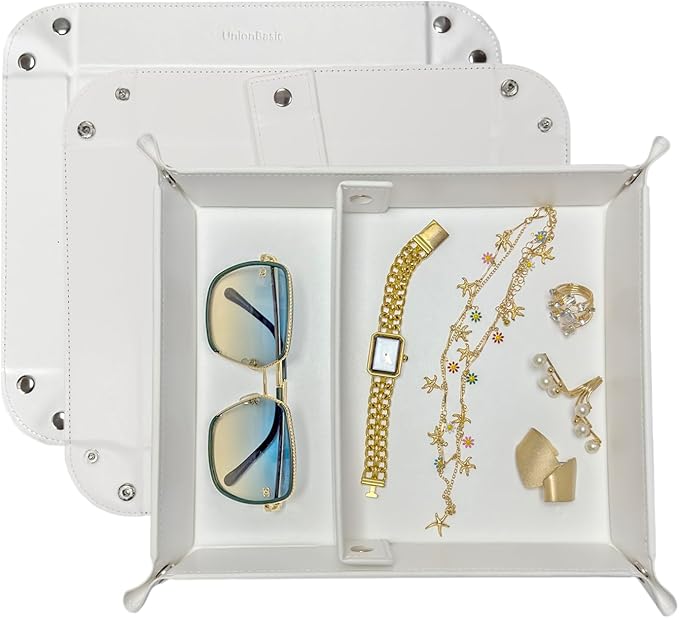UnionBasic Medium Valet Tray, Jewelry Tray for Rings Watches Earrings, Entryway Catchall Caddy for Coins Keys Change, Nightstand Bedside Valet Holder, Trays for Electronic Gadgets, White Plus