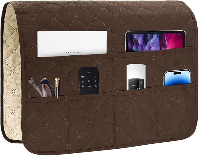 Bedside Caddy for Couch Remote Control Holder Recliner Armrest Organizer Non Slip Sofa Armchair Caddy with 6 Pocket Storage for Magazine, Tablet, Phone, iPad, Coffee
