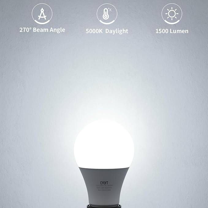 100W Equivalent Bright LED Light Bulbs, Daylight White 5000K A19 Lightbulbs, Focos LED para Casa, for Kitchen Bedroom Indoor, 1500 Lumens, E26 Standard Base, 4-Pack, Non-Dimmable