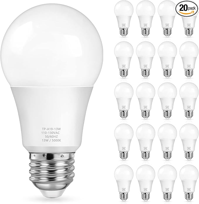 MAXvolador A19 LED Light Bulbs, 100 Watt Equivalent, Daylight White 5000K, 1500LM, E26 Base, Non-Dimmable, 13W Bright White Bulb, 20-Pack