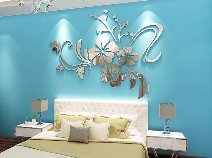Wall Stickers 3D Flower Mirror - Family Decal Living Room Wall Decor Sticker Home Decorations Room Decor for Office Sofa Bedroom Decals (Silvery L:59 * 78in)