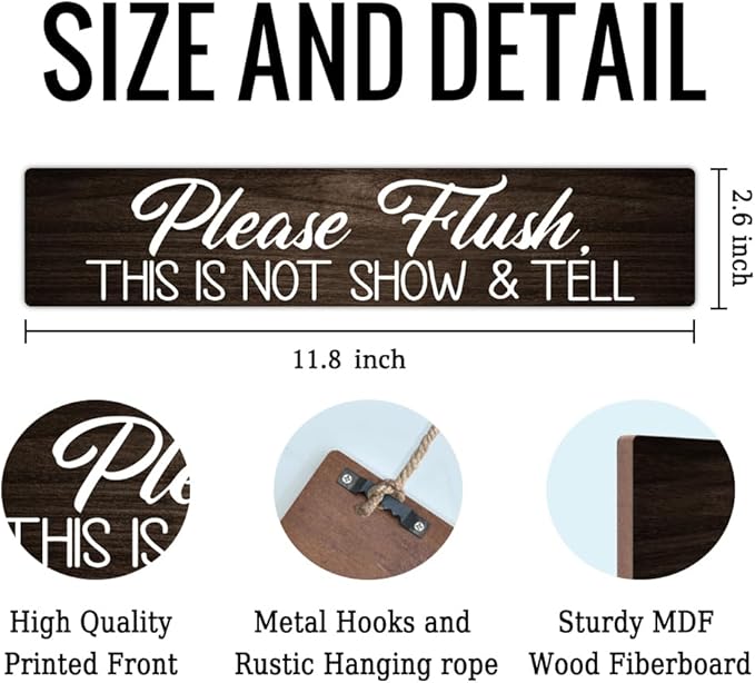AGMDESIGN Please Flush This is Not Show and Tell Wood Sign, Funny Bathroom Decor for Shelf Wall Desk, Humorous Restroom Sign for Home Office Cafe, Farmhouse Bedroom Toilet Wooden Hanging Plaque
